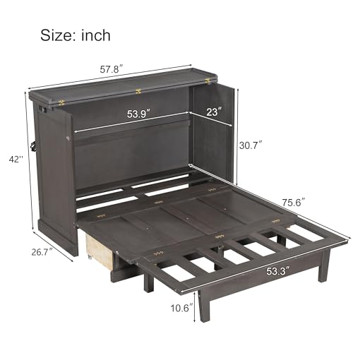 P PURLOVE Queen Size Murphy Bed Cabinet,Chest Cube Cabinet Bed with Charging Station and Large Storage Drawer,Space Saving Wall Bed for Living Room,White