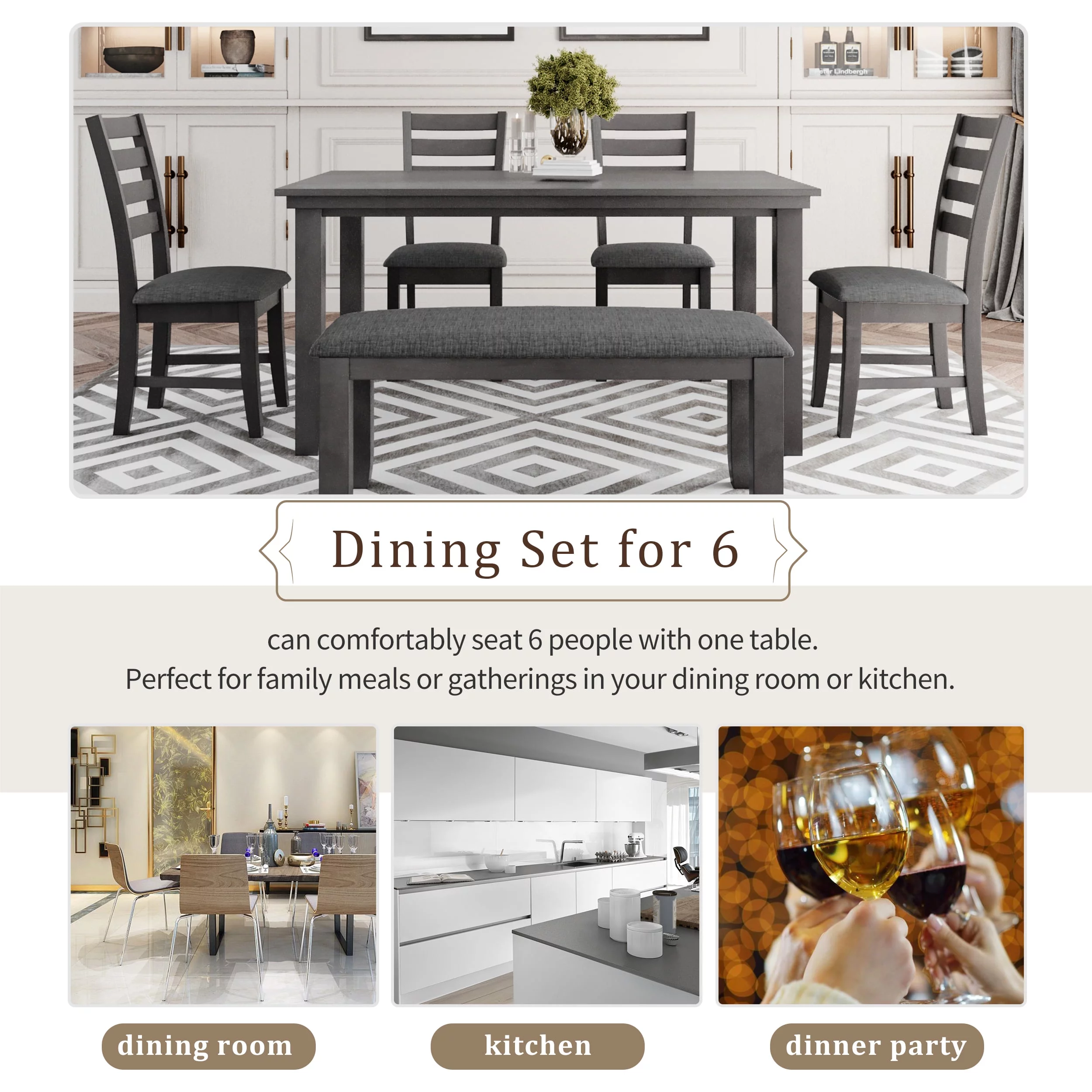 CoSoTower Dining Room Table And Chairs With Bench, Rustic Wood Dining Set, Set Of 6, Gray
