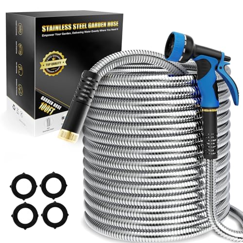 Lefree Garden Hose 100ft, Metal Garden Hose, Flexible Water Hose with 10-Function Nozzle, Stainless Steel Heavy Duty Hose, Crush Resistant, Leak Proof, No Kinks Garden Hoses for Yard, Outdoors, Rv