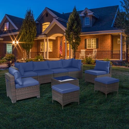 LEVELEVE 7 Pieces Outdoor Patio Furniture Sets,Rattan Conversation Sectional Set,Manual Weaving Wicker Patio Sofa with Tea Table
