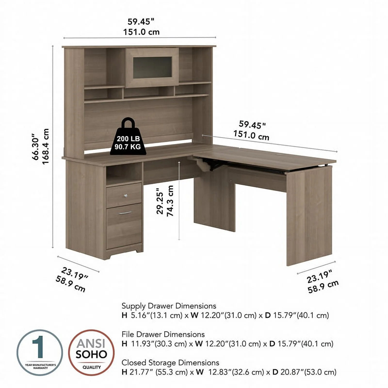 Pemberly Row 60W Sit to Stand L Desk with Hutch in Ash Gray - Engineered Wood