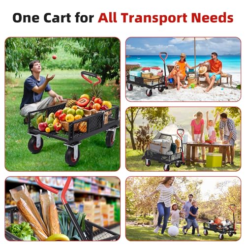880lbs Steel Garden Dump Cart, Heavy Duty Yard Dump Utility Wagon w Removable Mesh Sides, Utility Metal Wagon w 180° Rotating Handle, 10-Inch Wheels Perfect for Garden, Farm, Yard