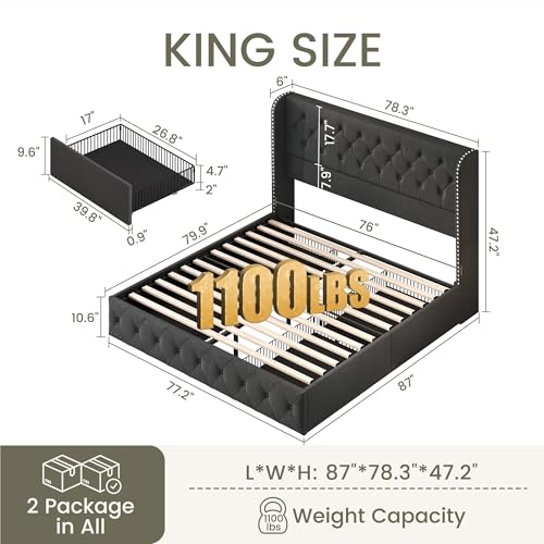 King Size Bed Frame with 4 Storage Drawers and Tufted Headboard Linen Upholstered Platform Bed Frame Wingback Beds with Wooden Slats Support, Easy Assembly, Beige