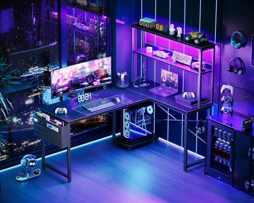 AODK L Shaped Desk Gaming Desk with LED Light & Power Outlet, 53 Inch Reversible L Shaped Computer Table with Shelf & Storage Bag & Hook for Home Office, Grey Oak