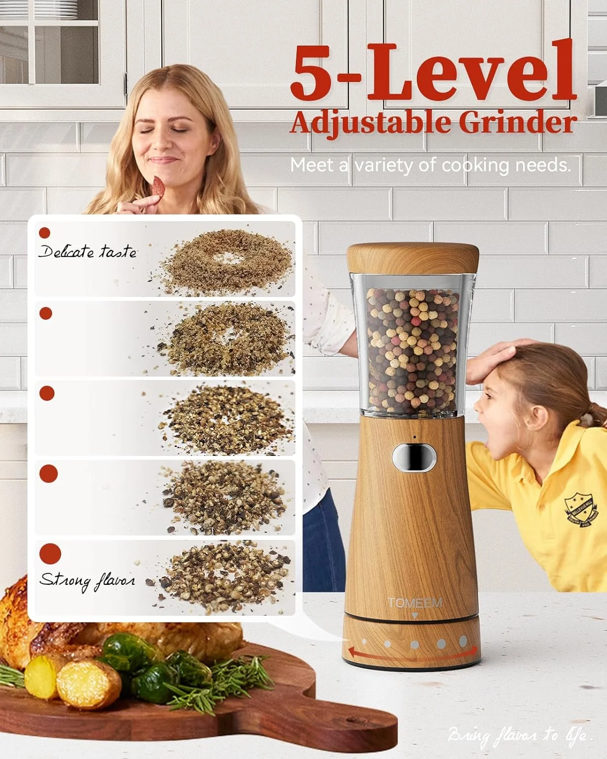 Electric Salt and Pepper Grinder Set Adjustable Coarseness Mill Grinders Shakers Refillable USB Rechargeable with LED Light Tomeem (2 Pack)