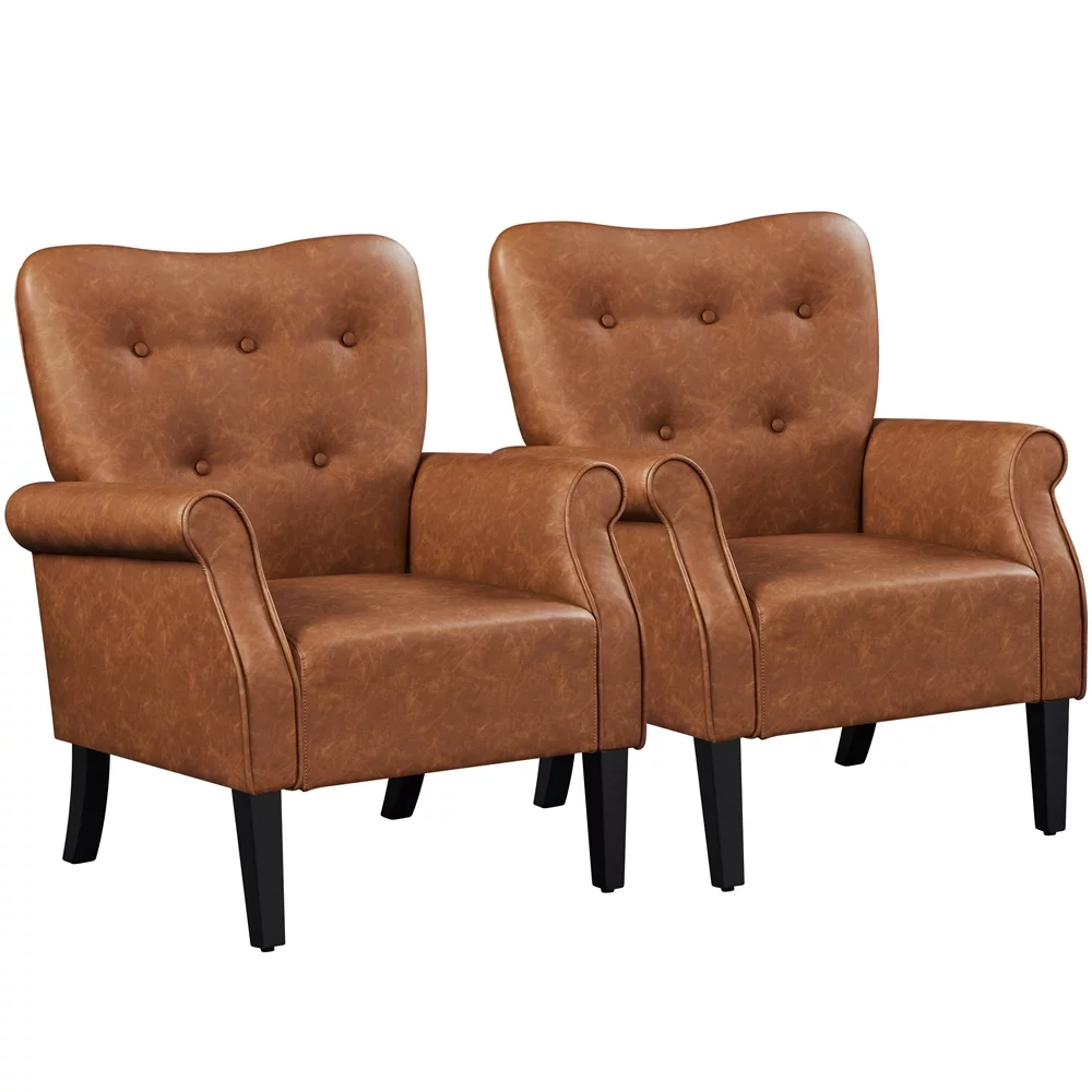 Yaheetech Set of 2 Mid-century Modern Faux Leather Accent Chair,Retro Brown