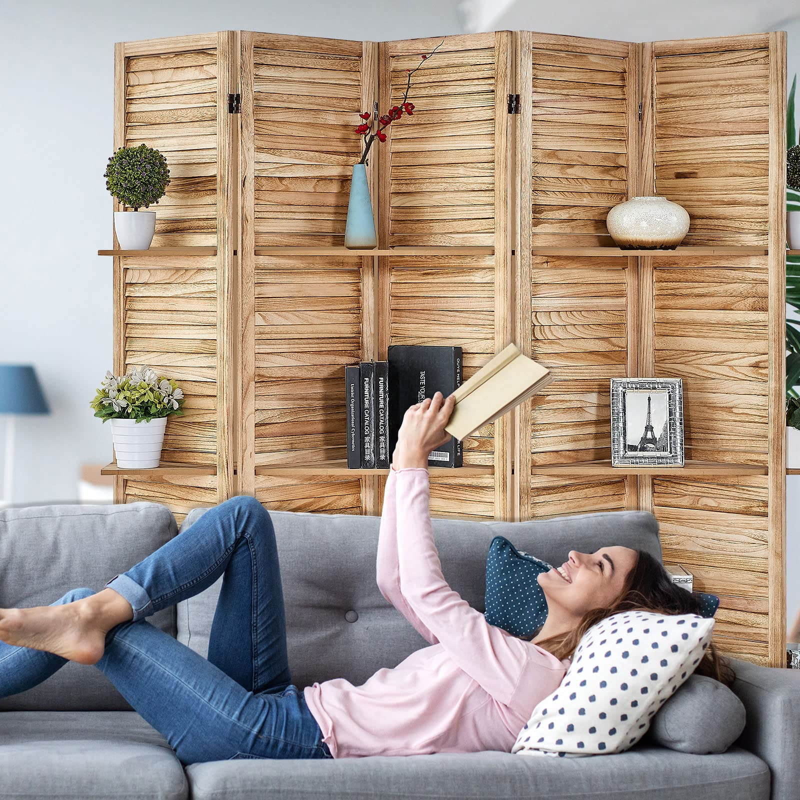 5 Panel 5.6 Ft Tall Partition Wood Room Divider, Wood Folding Room Divider Screens, Panel Divider&Room Dividers, Room Dividers and Folding Privacy Screens with Shelves(5 Panel,Natural)