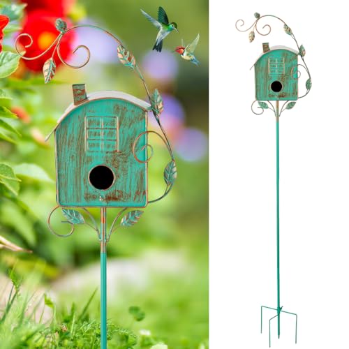 VEWOGARDEN Metal Bird Houses for Outside with Pole, Outdoor Bird House Feeder for Patio Yard Garden Decorations, Copper
