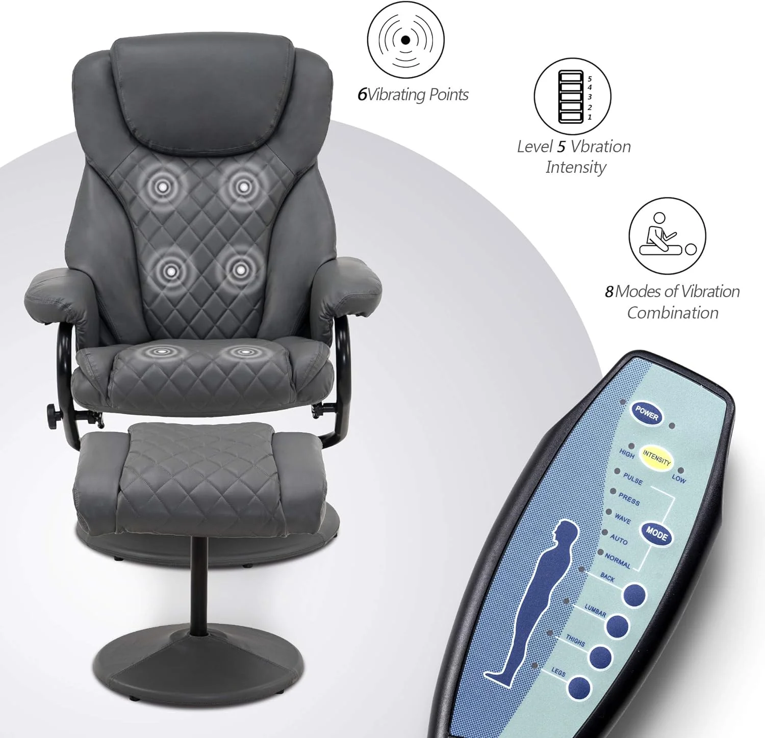 Recliner With Ottoman, Reclining Chair With Massage, 360 Swivel Living Room Chair Faux Leather, 4901 (Grey)