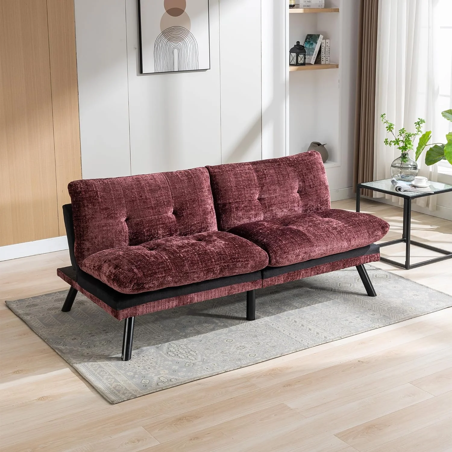 Convertible Folding Futon Sofa Bed Sleeper Couch For Living Room Breathable Lounge Couch With Adjustable Back And Metal Legs, Upholstered Chenille Loveseat For Compact Space（Wine Red）