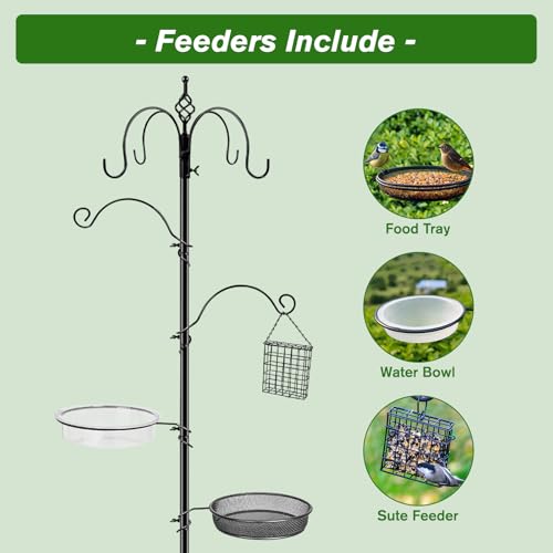 Bird Feeding Station, 90.55in 4-Hook Feeding Station for Outdoors, Squirrel-Proof with Tray Humming Bird Feeder Bracket for Easy Assembly Suitable for Courtyards Gardens (Black)