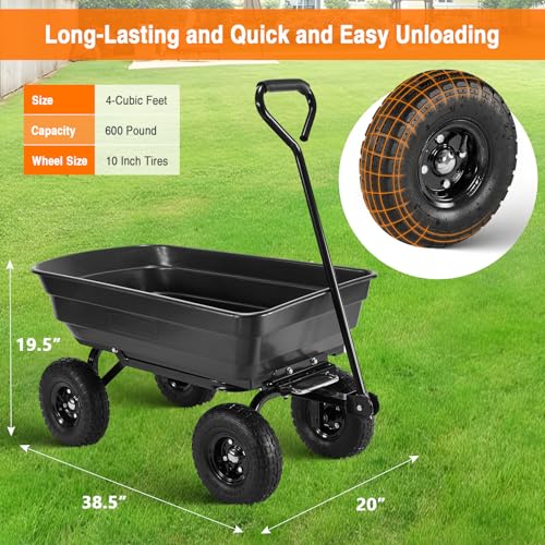 Garden Cart Utility Yard Cart with Steel Frame, 600 Pound Capacity Dump Wagon, and 10 Inch Tires for Lawn, Gardening, Construction - Black