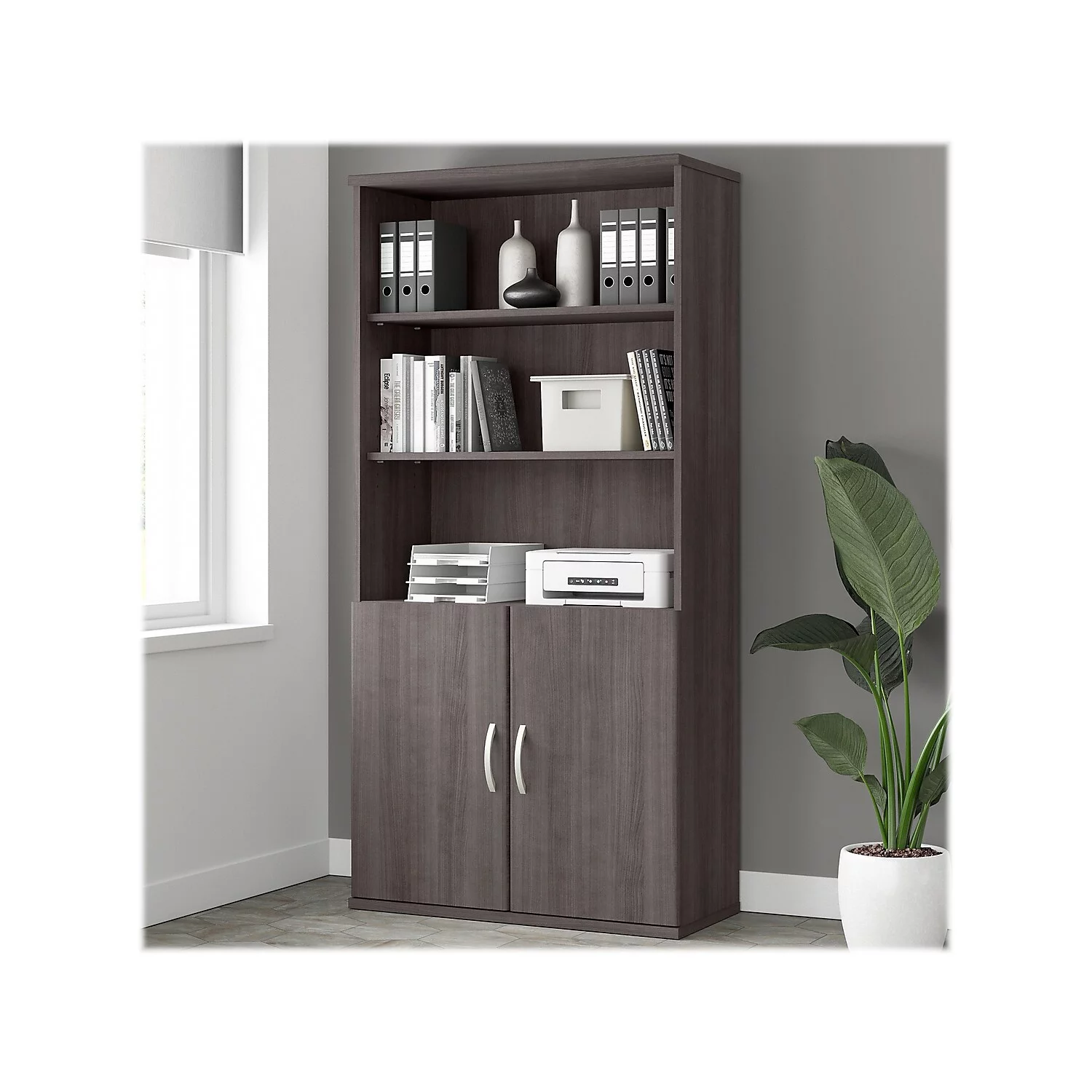 Studio A Tall 5 Shelf Bookcase with Doors in Storm Gray - Engineered Wood