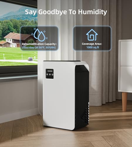 1000 sq.ft Dehumidifier, 88 oz Water Tank, Quiet Dehumidifiers for Home, Portable Dehumidifier for Bedroom, Bathroom, Basement, RV, Closet, 7 Colors LED Lights, Auto Shut Off, Drain Hose