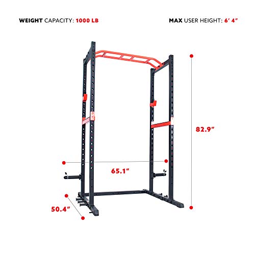 Sunny Health & Fitness Power Zone Strength Rack Power Cage - 1000 LB Weight Capacity, Spotter Bar, Angled Pull-Up Bar, J-Hooks, Resistance Band Pins, Optional LAT Pull Down