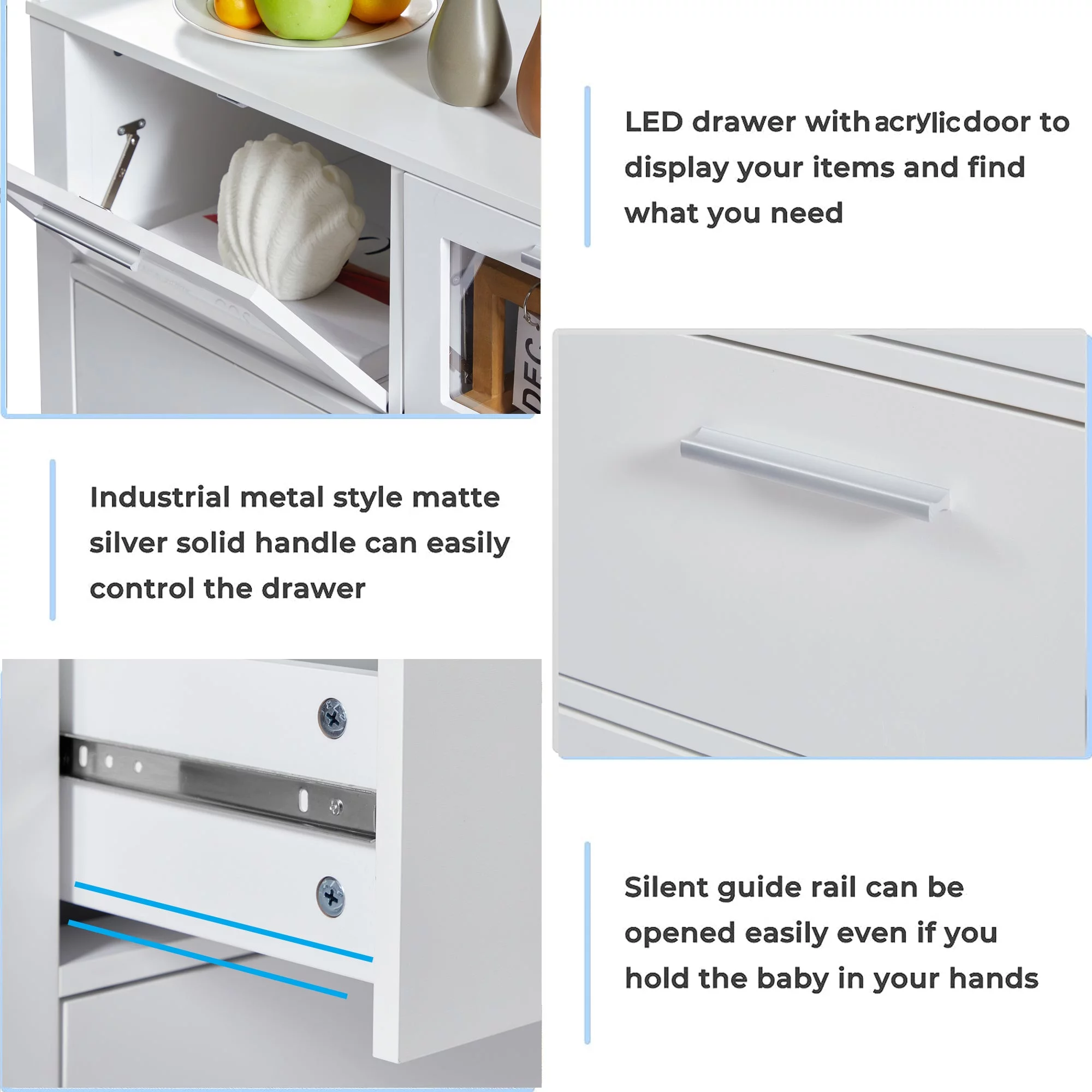 VECELO 3-Piece Modern Bedroom Set with 7 Drawers LED Dresser and 2 Nightstands with 2-Drawer, White