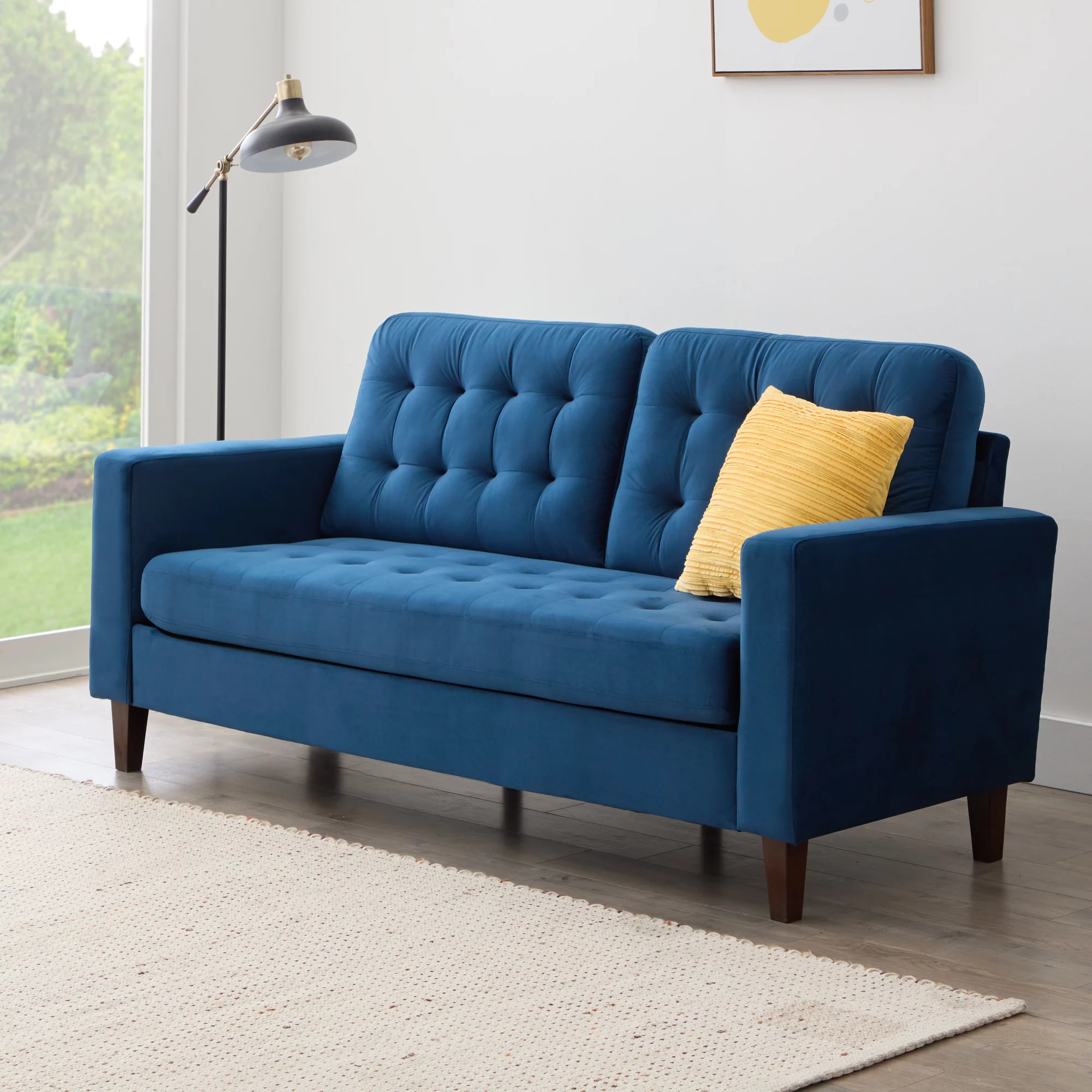 Mayview Carraway Upholstered Sofa with Tufting, Navy Velvet