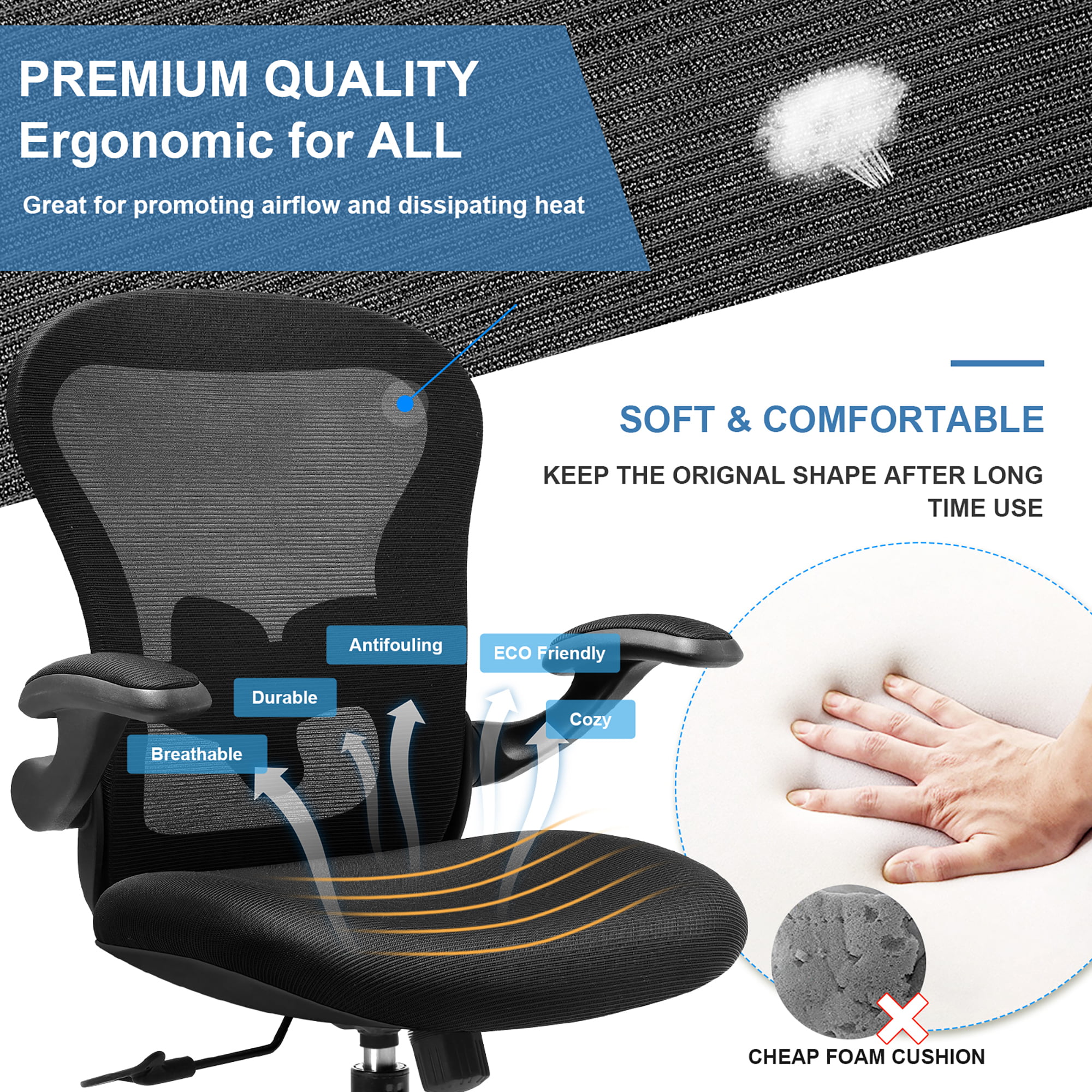 COMHOMA Office Chair Ergonomic Mesh Mid Back Task Chair with Flip-up Arms, Black