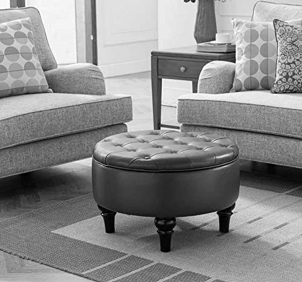 \u2013 Red Faux Leather Round  Ottoman with Tray Top