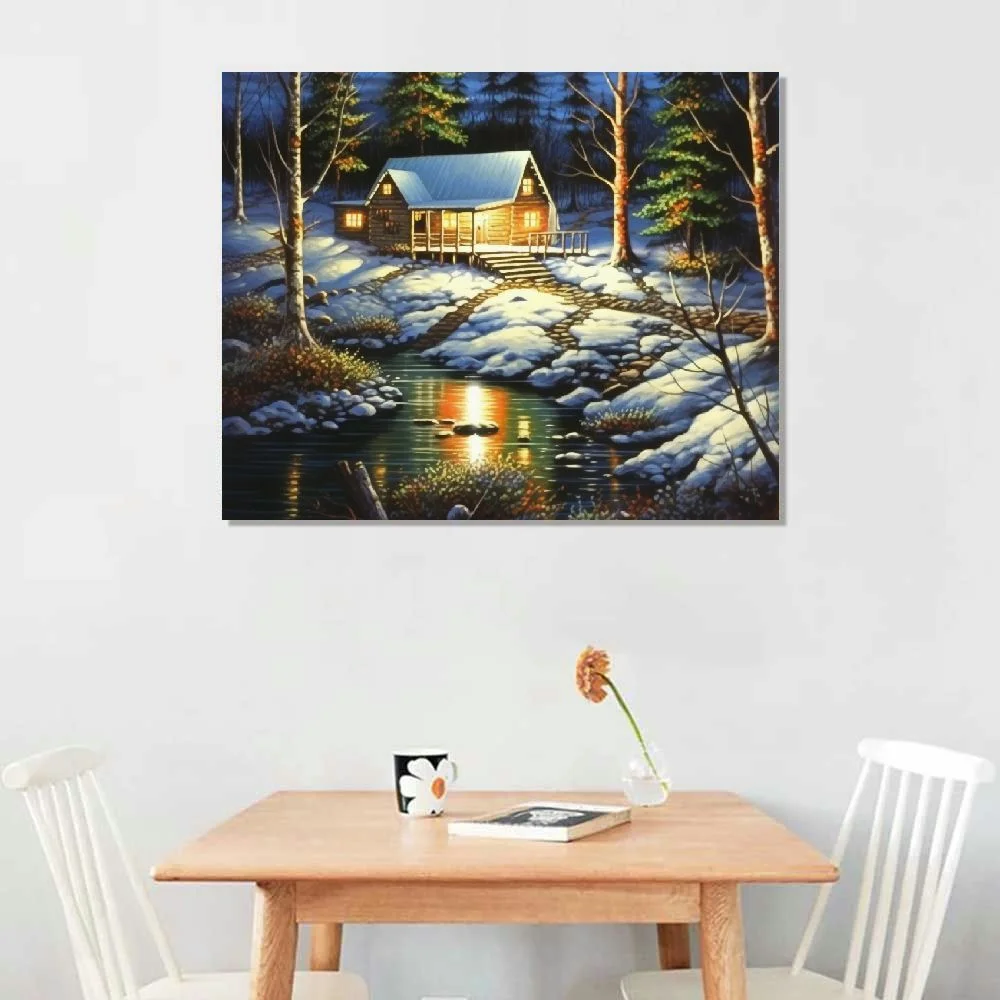 JEUXUS Woodland Retreat by Jim Hansel 20x16in Log Cabin Winter Snow Deer Framed Art Picture