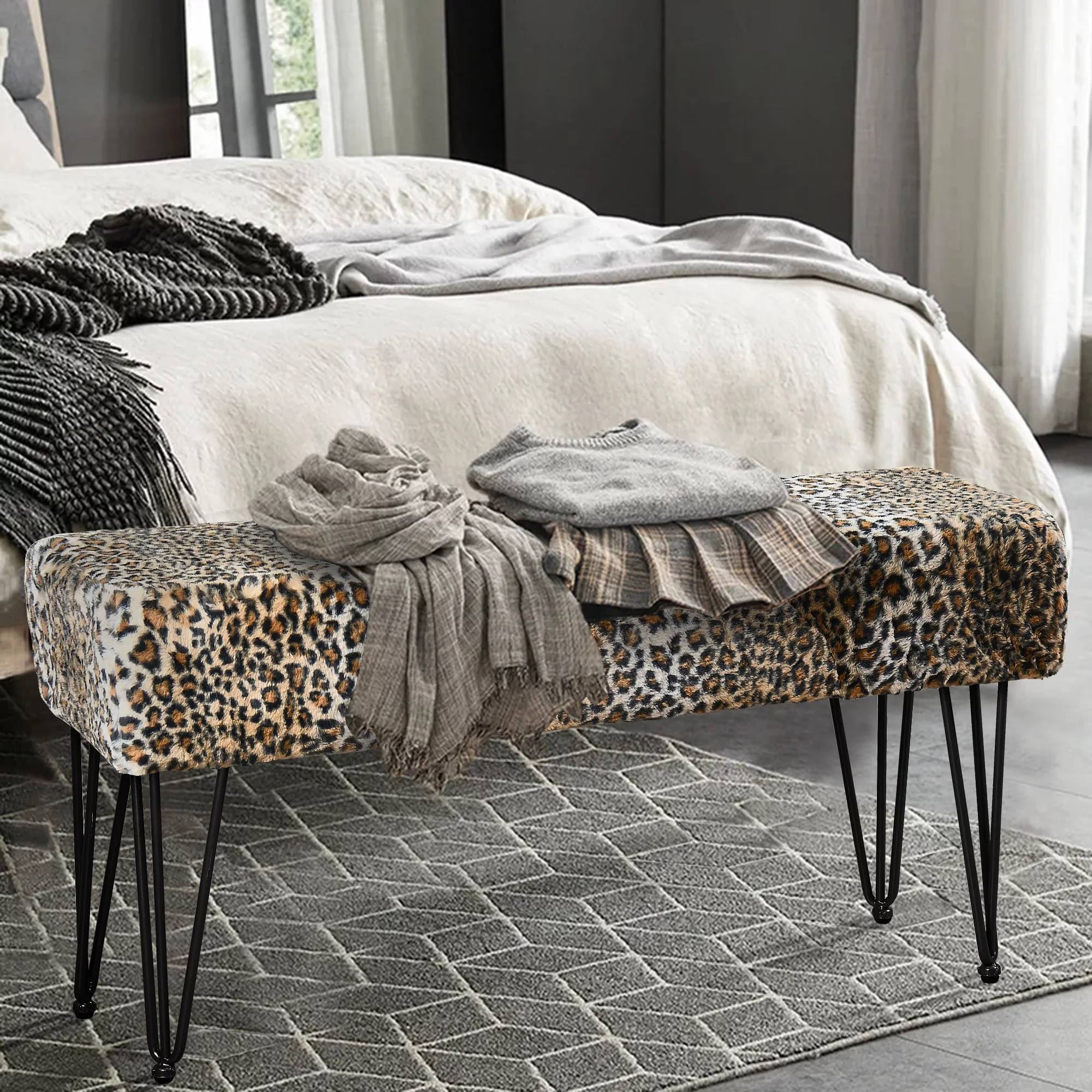Home Soft Things Faux Fur Ottoman- Leopard - Black Leg - 46x16x22