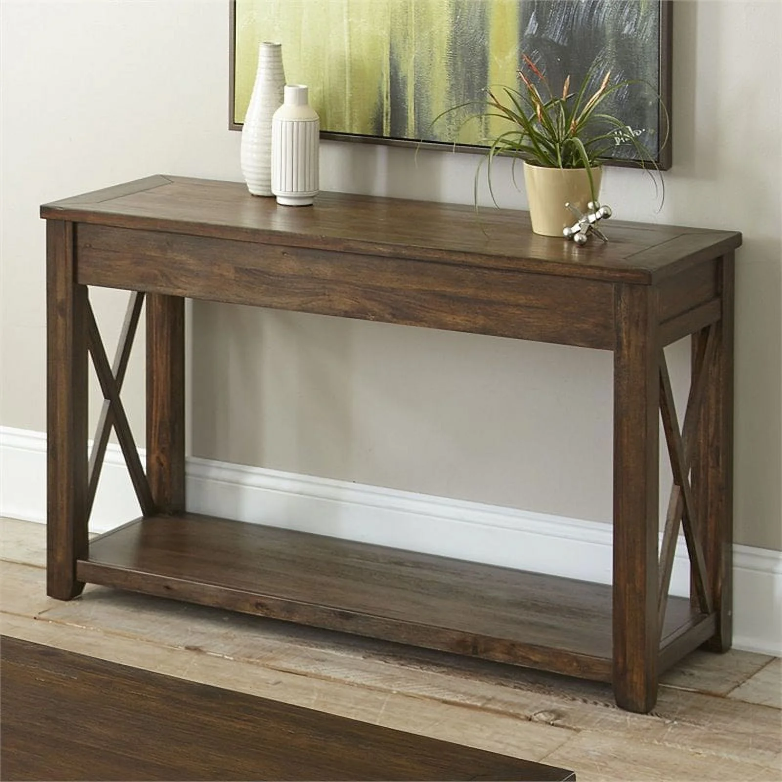 Bowery Hill Mid-Century Rustic Wood Console Table in Mocha Brown Oak