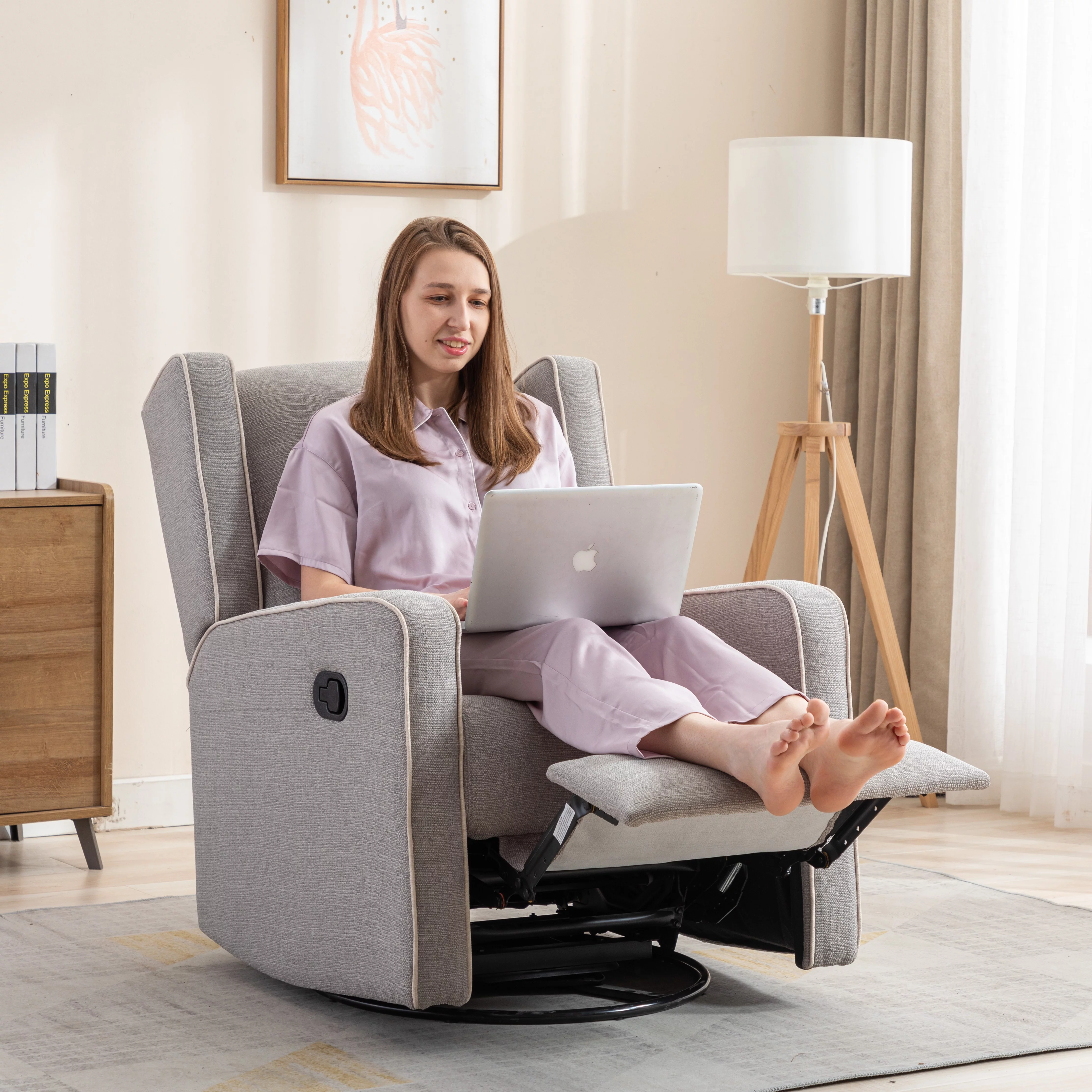 Bonzy Home Swivel Rocker Recliner Chair, Manual Reclining Chair, Single Seat Reclining Chair, Gray