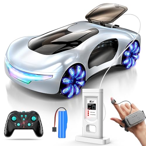 WSHlMIN Futuristic Remote Control Car, Gesture Sensing Rc Stunt Car with Light Spray & Sound, 360° Rotate 2.4GHz RC Cars Toy for Boys 8-12, Birthday Presents for Kids Age 8 9 10 11 12 13 14 (White)