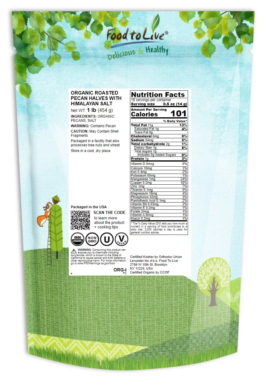 Organic Roasted Pecan Halves with Himalayan Salt, 1 Pound — Non-GMO, Kosher, Vegan — by Food to Live