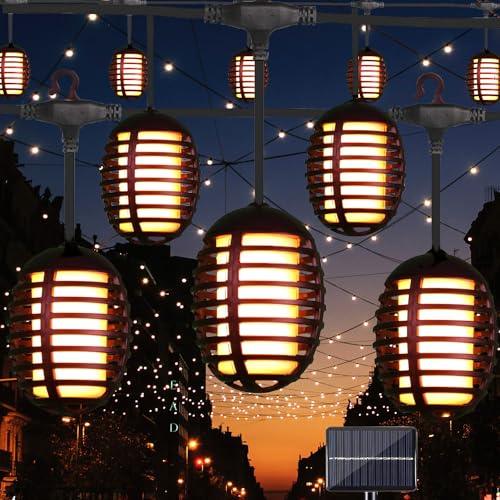 Outdoor Solar String Lights, 30 Ft 15 LED Solar Powered Patio Lights Outside Flickering Flame Hanging Light, Deck Yard Fence Gazebo Garden Party Wedding Halloween Decorative