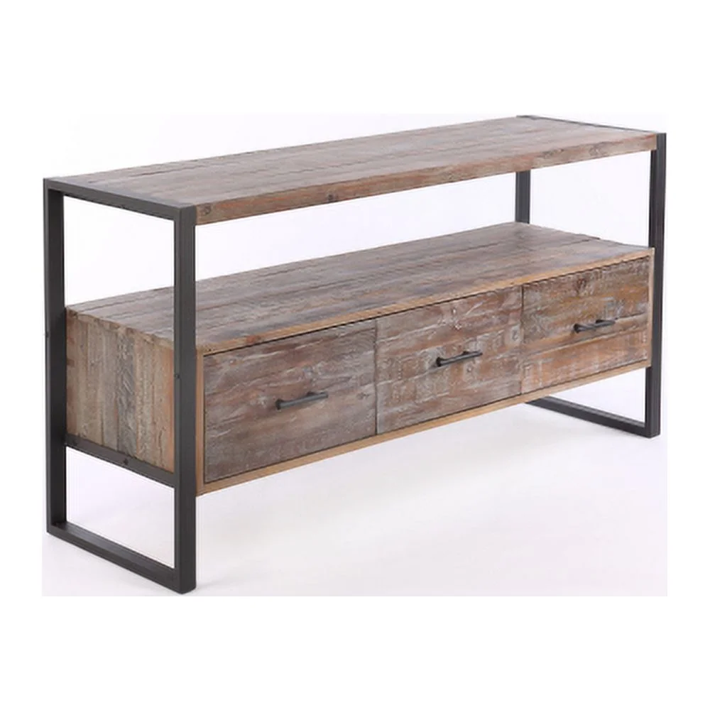 60 Inch Reclaimed Wood Media Tv Console Table With 3 Drarwer, Open Shelf, Antique Finish