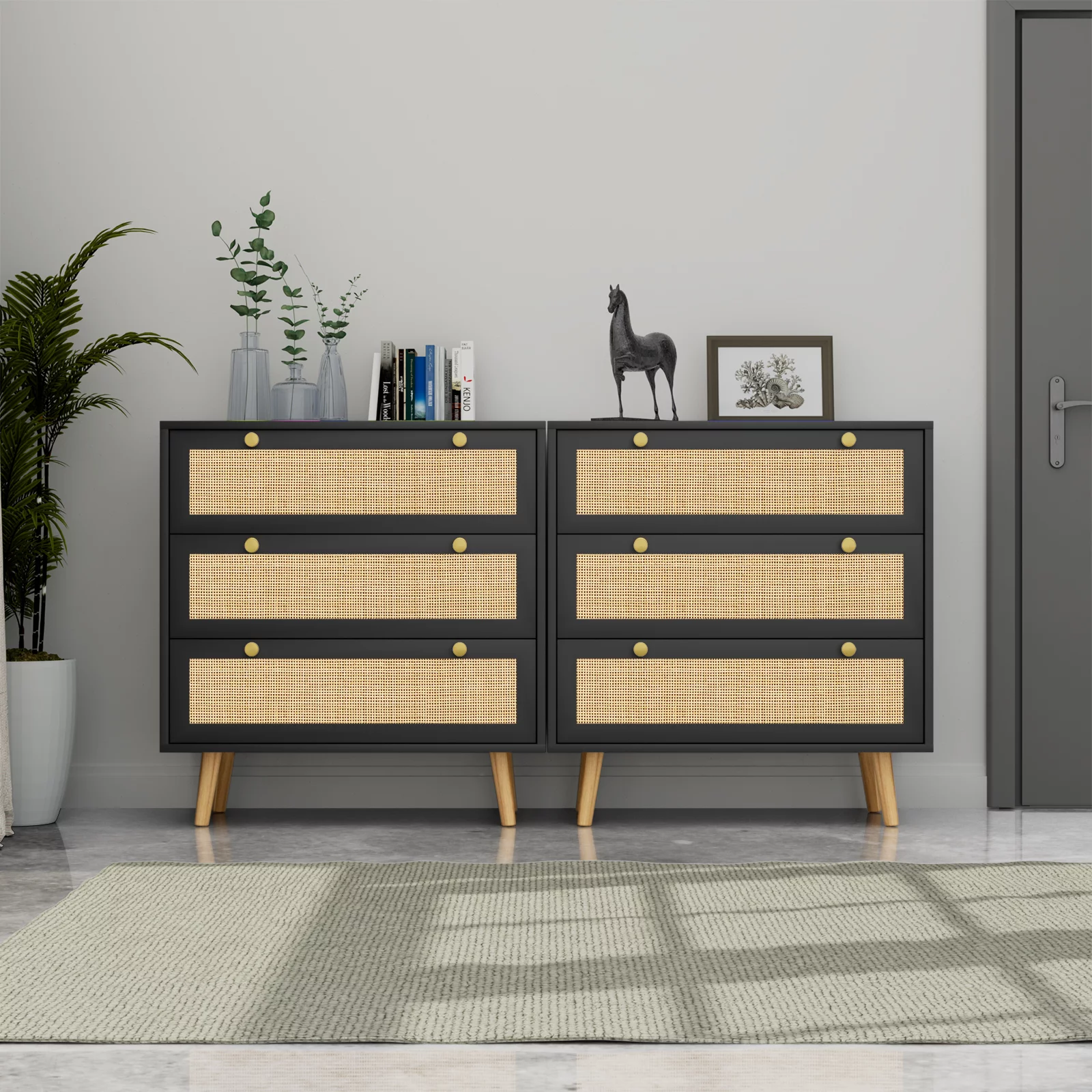 Eumyviv Black 3-Drawer Chest of Drawers with Pine Wood Legs Farmhouse Rattan Dresser Storage Cabinet H0075