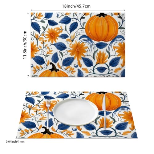 Vibrant Botanical Design Place Mats for Dining Table Faux Leather 12 X 18 in Table Mats Orange Blue Pumpkin Dining Decor Fall Kitchen Decor Halloween Placemat Mother' S Day Placemats Pack of 6