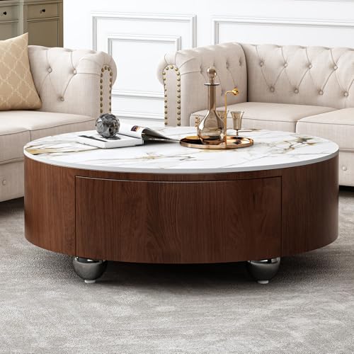 Modern Lift-Top Round Faux Marble Coffee Table with Hidden Storage, 31.5