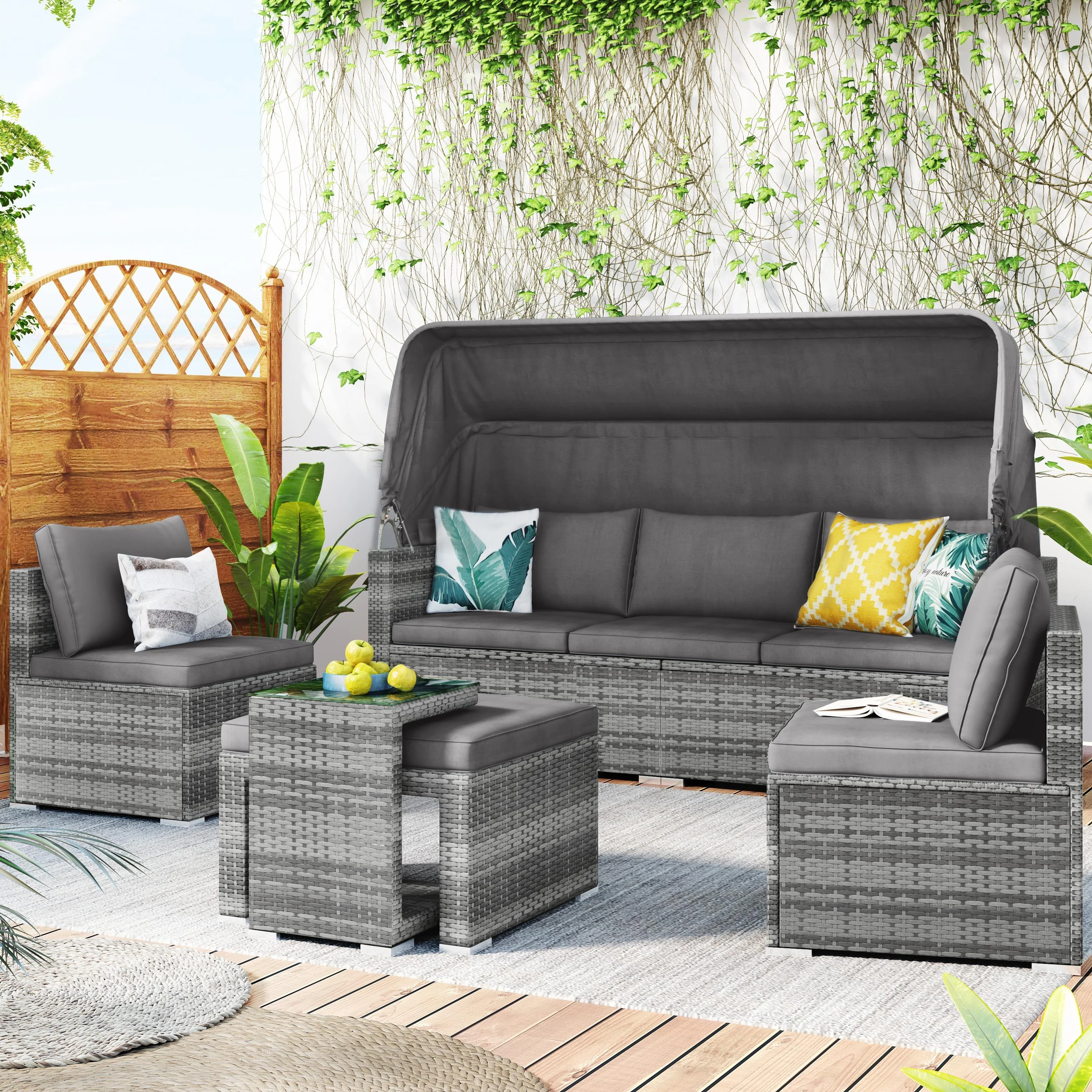 Seizeen 5 Pieces Patio Outdoor Daybed, Rattan Sectional Conversation Sofa Set with Retractable Canopy, Patio Sectional Bed with Side Table, Outdoor Sunbed with Cushions and Pillows