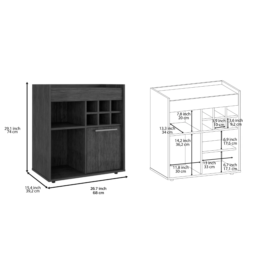 Treevol Furniture, Bar Cabinet Dext, Two Concealed Shelves, Six Wine Cubbies, Light Gray Finish