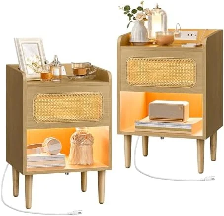 RUNFAYBIU BOHOVEN Collection - Nightstands with Charging Station    Bedside Tables with Motion Sensor Lights  Rattan-Like Side End Tables  Solid Wood Legs  for Bedroom   Style  Ebony Blac