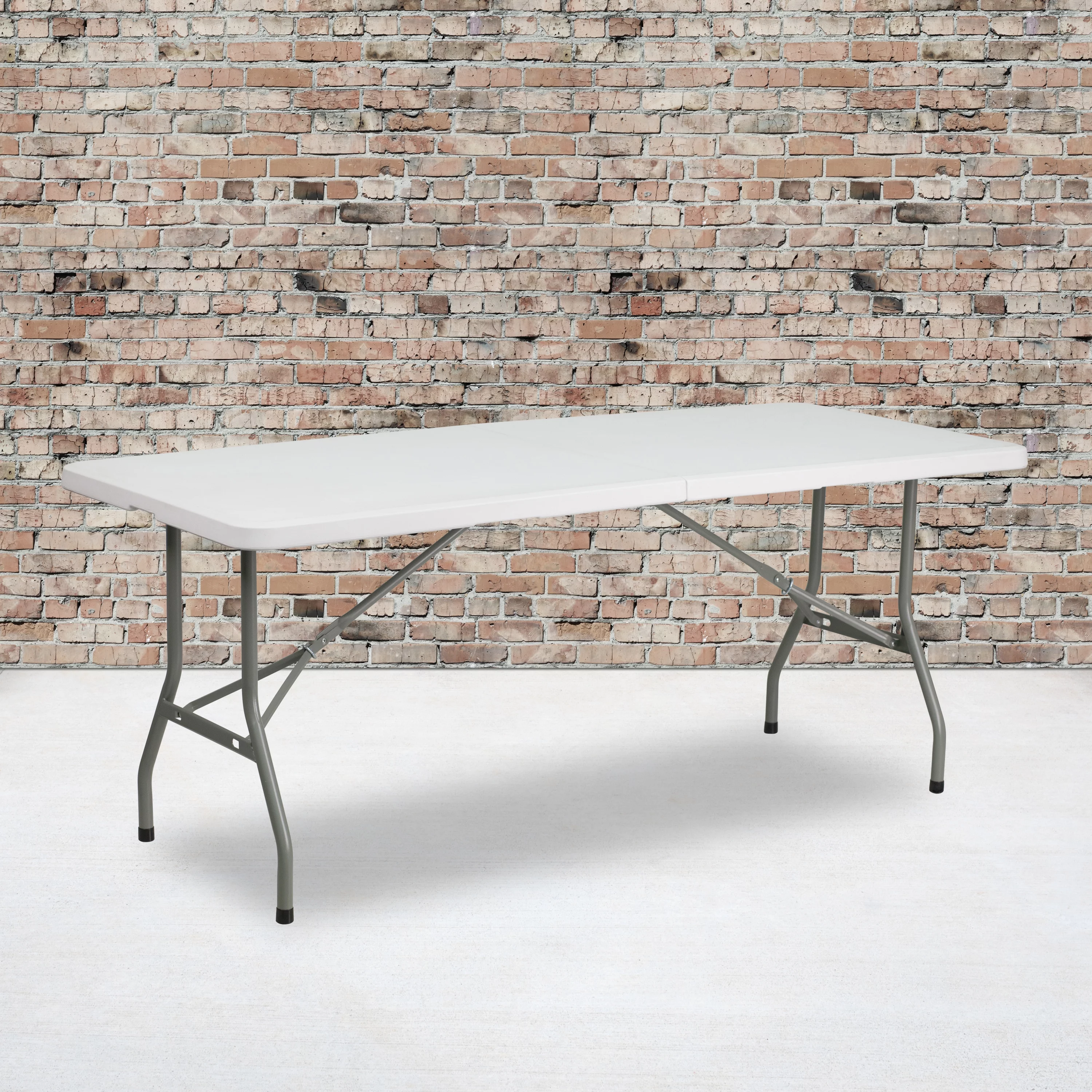 Emma + Oliver 6-Foot Bi-Fold Granite White Plastic Folding Table with Carrying Handle