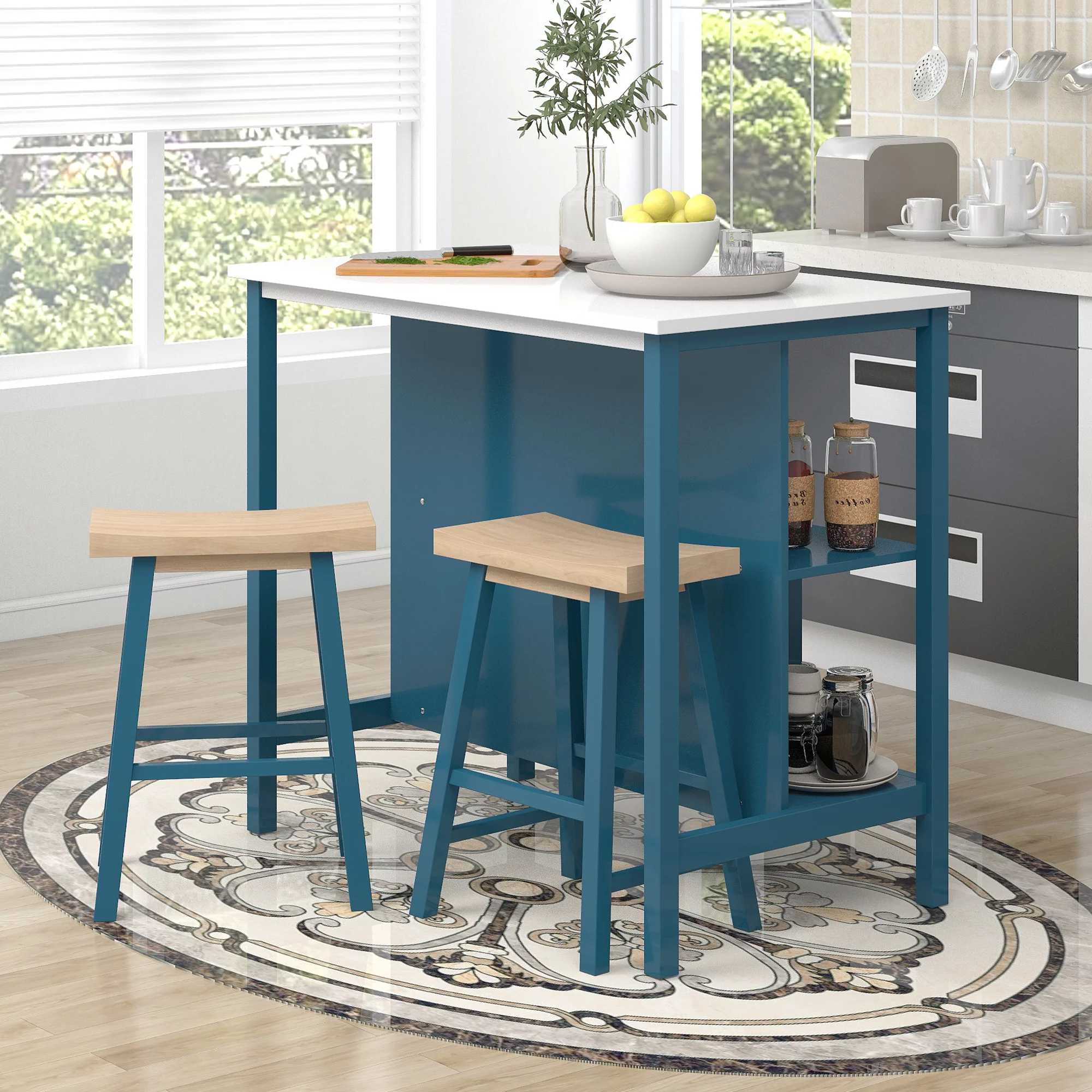 TOPMAX Farmhouse 3-piece Wood Stationary Kitchen Island Set with 2 Seatings, Dining Table Set with Shelves and Wine Rack for Small Places,Blue Frame+White Top