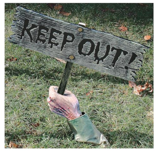 Keep Out Zombie Groundbreaker Sign Decoration – Creepy Graveyard Prop with Arm, Pole & Ground Stake for Outdoor Halloween Yard or Haunted House Decor