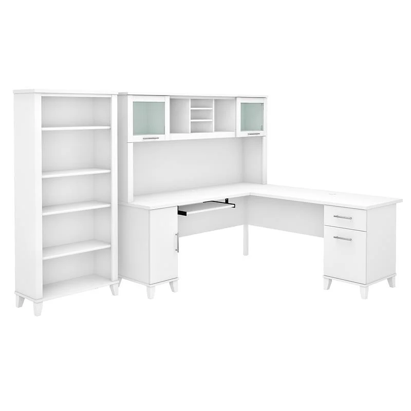 Pemberly Row 72W L Shaped Desk with Hutch & Bookcase in White - Engineered Wood