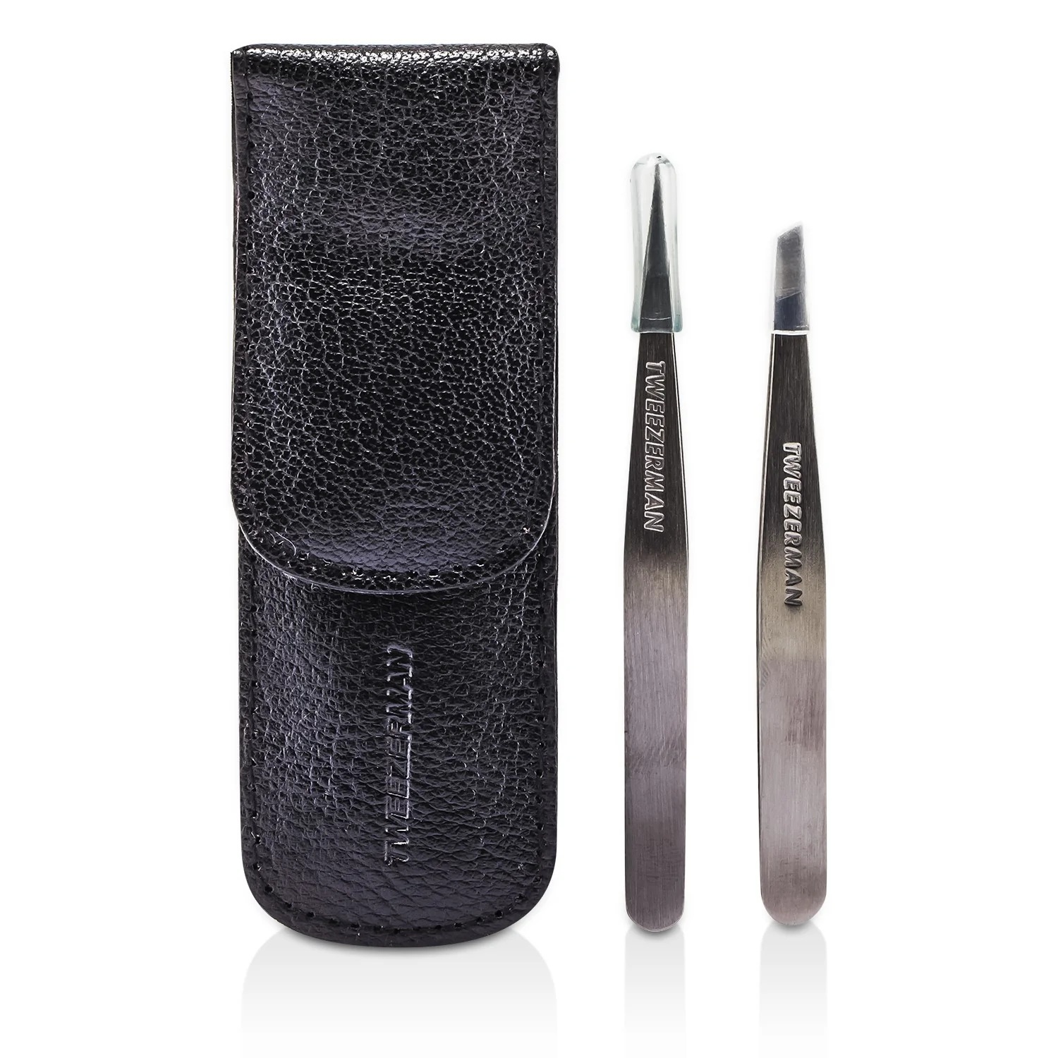 Tweezerman Petite Tweeze Set: Slant Tweezer + Point Tweezer - (Regency Finish w/ Silver Leather Case)  2pcs