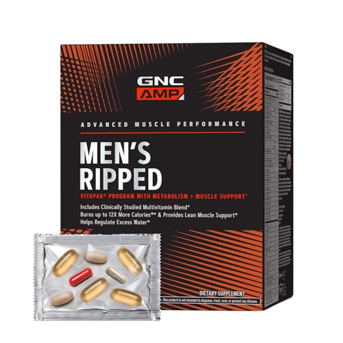 GNC AMP Men’s Ripped Vitapak Program, 4 in 1 Product Vitamin Pack, Metabolism & Lean Muscle Tone, Burn Calories, Water Shedding, Adult Multivitamin, Caffeine, CLA, Proven Ingredients, 30-Day Supply