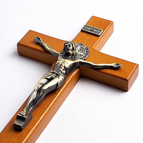 KUXBET Crucifix Cross Catholic 10.7 Inch Wooden Jesus Christ Wall Cross Stand, Hanging or Tabletop with Stand for Home Decor