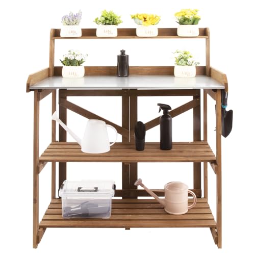 Folding Potting Bench Table,Outdoor Potting Bench Garden Wooden Potting Table,Fir Wood Workstation Planting Table with Galvanized Tabletop,2 Tier Storage Shelves,Top Shelf(Brown)