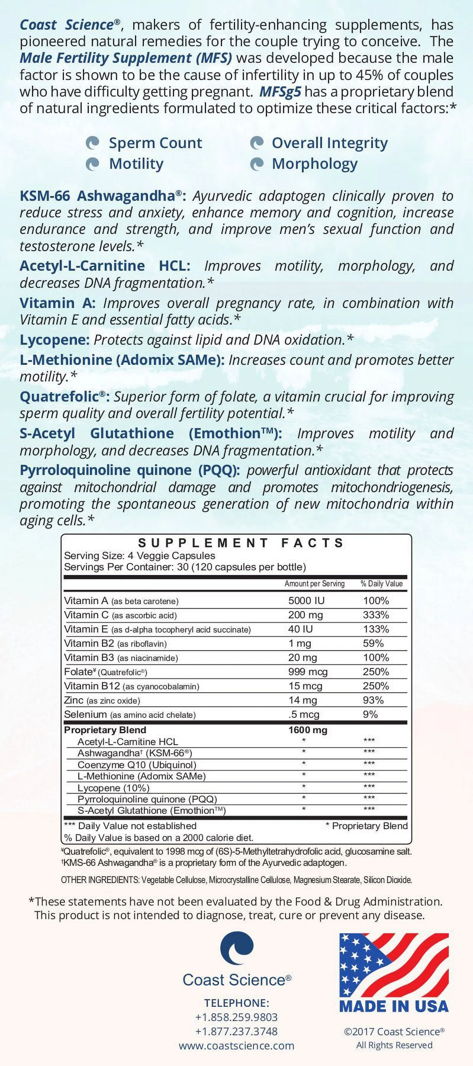 Male Fertility Supplement MFSg5 - 120 capsules (now with PQQ)