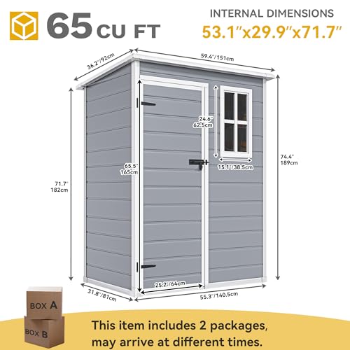 DWVO 5x3ft Resin Outdoor Storage Shed with Floor, Waterproof Lockable Storage Shed with Window, Plastic Outside Tool Storage for Garden, Backyard, Patio, Lawn, Gray
