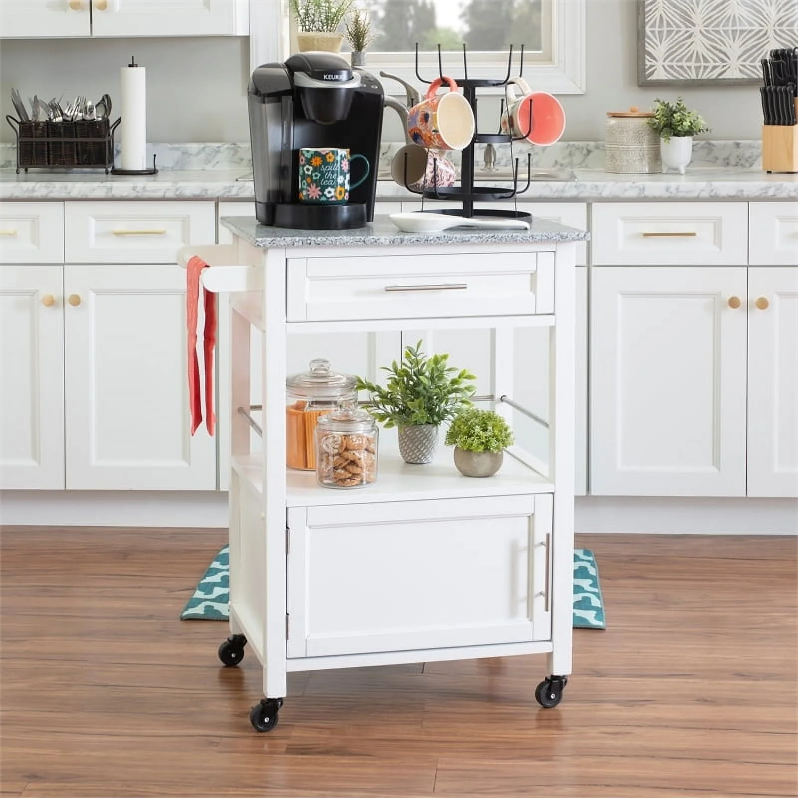 Riverbay Furniture Transitional Wood/Granite Top Kitchen Cart in Bright White