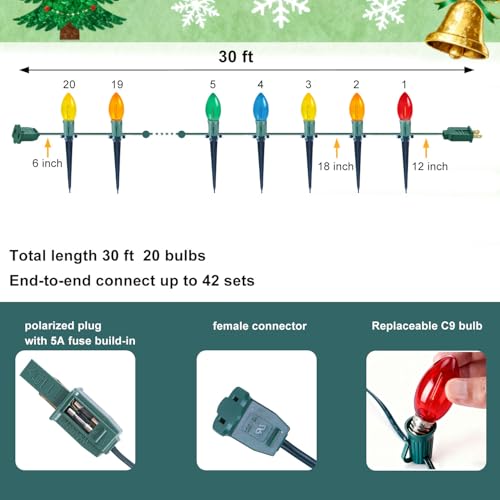 C9 LED Christmas Pathway Lights LED Multicolor, 30 Ft Green Cord 20 Bulbs and Stakes, Plug in & Connectable Xmas Lights Marker for Path, Lane, Patio,Garden,Lawn,Walkway,Sidewalk Decor