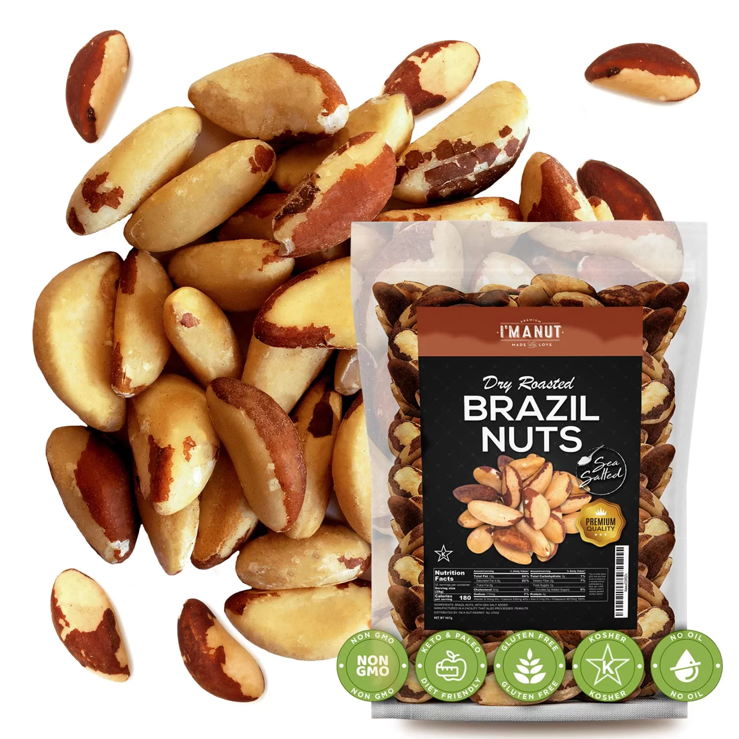 I'M A NUT Dry Roasted Brazil Nuts-Sea Salted-No Oil No Herbicides or Pesticides Non GMO No PPO Kosher 32 oz